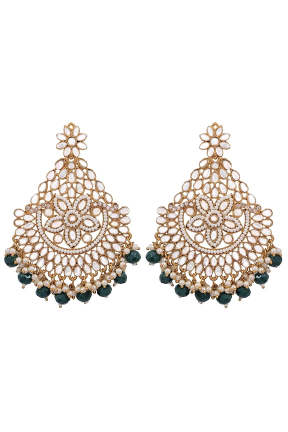 Bollywood Jewellery Traditional Ethnic Bridal Bride Wedding Bridesmaid Embelished Gold-Plated Mastani Mirror Design Navy Blue Pearls Big Dangler Earrings