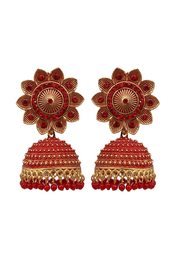 Bollywood Jewellery Traditional Ethnic Bridal Bride Wedding Bridesmaid Floral Red Pearl Meenakari & Kundan Work Jhumki Earrings