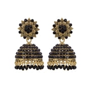 Crunchy Fashion Bollywood Jewellery Traditional Ethnic Bridal Bride Wedding Bridesmaid Gold-Plated Black Stone Floral Jhumka Earrings