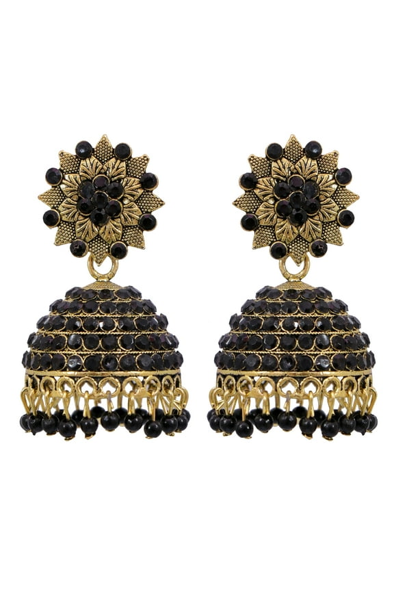 Bollywood Jewellery Traditional Ethnic Bridal Bride Wedding Bridesmaid Gold-Plated Black Stone Floral Jhumka Earrings
