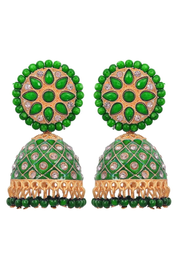 Bollywood Jewellery Traditional Ethnic Bridal Bride Wedding Bridesmaid Gold-Plated Bollywood Indian Traditional Green HandPainted Meenakari Jhumka