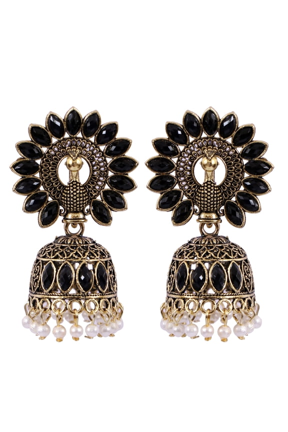 Bollywood Jewellery Traditional Ethnic Bridal Bride Wedding Bridesmaid Gold-Plated Crown Peacock Black Kundan Work Jhunka Earrings