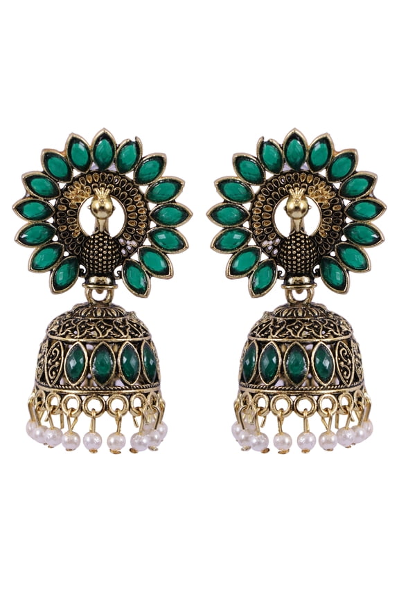 Bollywood Jewellery Traditional Ethnic Bridal Bride Wedding Bridesmaid Gold-Plated Crown Peacock Green Earrings