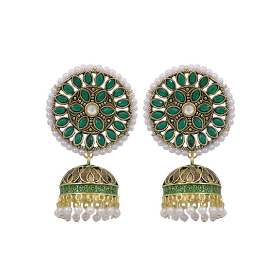 Crunchy Fashion Bollywood Jewellery Traditional Ethnic Bridal Bride Wedding Bridesmaid Gold-Plated Embelished Green Kundan and Faux Pearl Jhumka Earrings