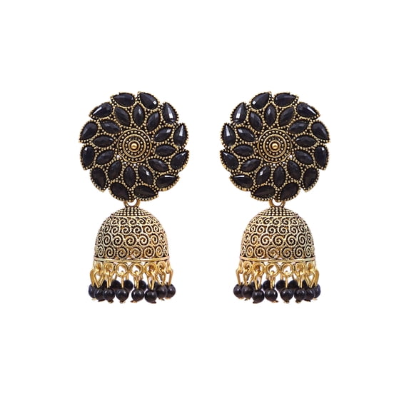 Crunchy Fashion Bollywood Jewellery Traditional Ethnic Bridal Bride Wedding Bridesmaid Gold-Plated Floral Black Jhumka Earring