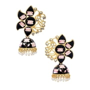 Crunchy Fashion Bollywood Jewellery Traditional Ethnic Bridal Bride Wedding Bridesmaid Gold Plated Indian Black Meenakari Lotus Jhumka Jhumki Earrings Jewelry Set For Women