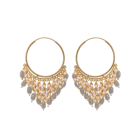 Crunchy Fashion Bollywood Jewellery Traditional Ethnic Bridal Bride Wedding Bridesmaid Gold-Plated Jhalar Bali Hoop Earrings With Grey Pearls
