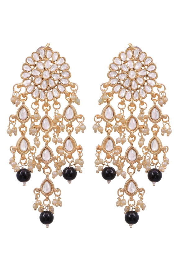 Bollywood Jewellery Traditional Ethnic Bridal Bride Wedding Bridesmaid Gold-Plated Kundan Dangler Tassel White & Black Pearl Earrings