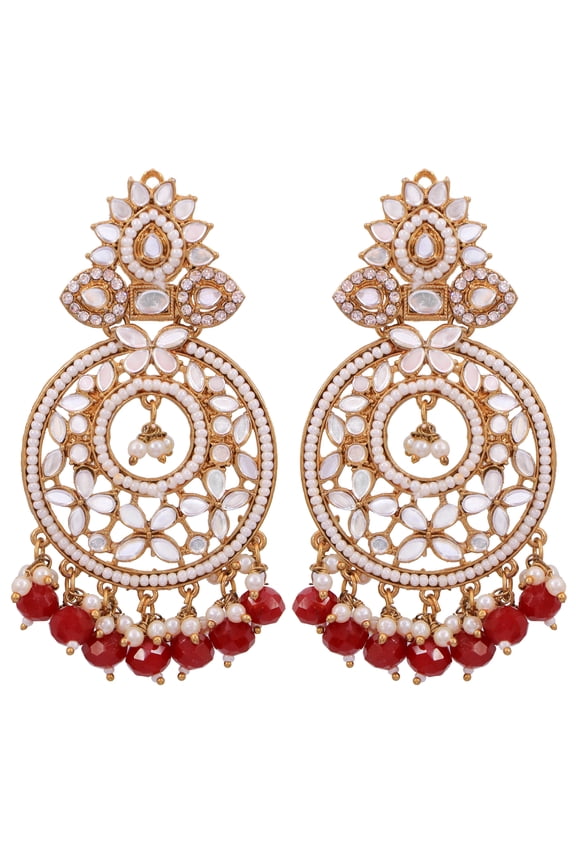 Bollywood Jewellery Traditional Ethnic Bridal Bride Wedding Bridesmaid Gold-Plated Kundan Mirror & Red Pearl Dangler Earring