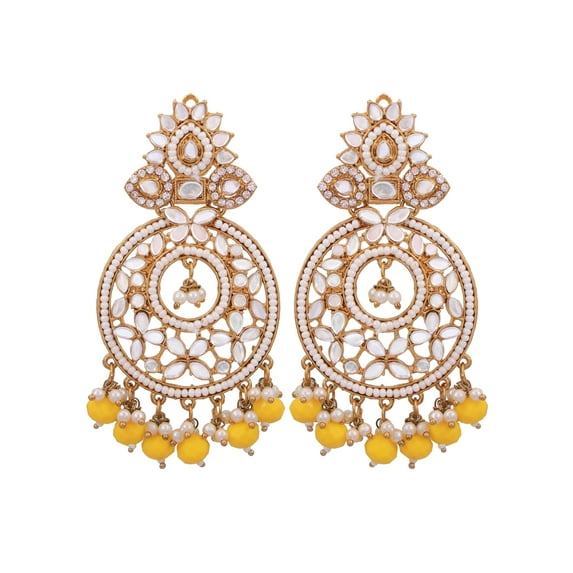 Crunchy Fashion Bollywood Jewellery Traditional Ethnic Bridal Bride Wedding Bridesmaid Gold-Plated Kundan Mirror & Yellow Pearl Dangler Earring