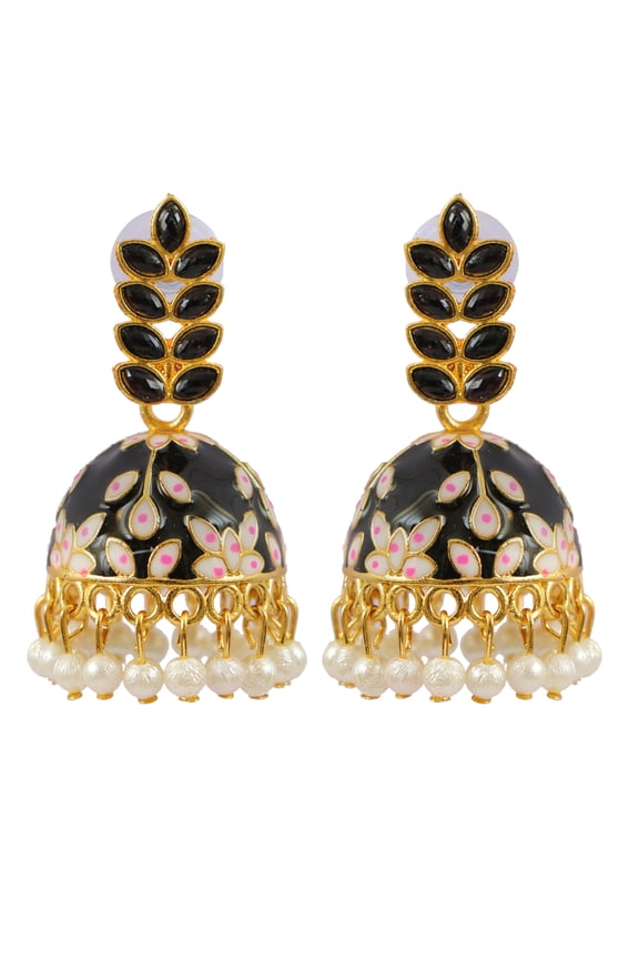 Bollywood Jewellery Traditional Ethnic Bridal Bride Wedding Bridesmaid Gold-Plated Leaf Meenakari Jhumka Black Stone Earrings