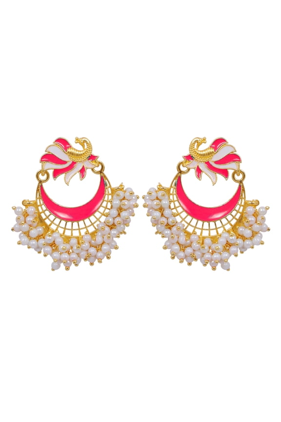Bollywood Jewellery Traditional Ethnic Bridal Bride Wedding Bridesmaid Gold-Plated Red Peacock Chandbali White Pearl Dangler Earrings