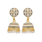 Crunchy Fashion Bollywood Jewellery Traditional Ethnic Bridal Bride Wedding Bridesmaid Gold-Plated Round Meenakari & Kundan Design Grey Earrings