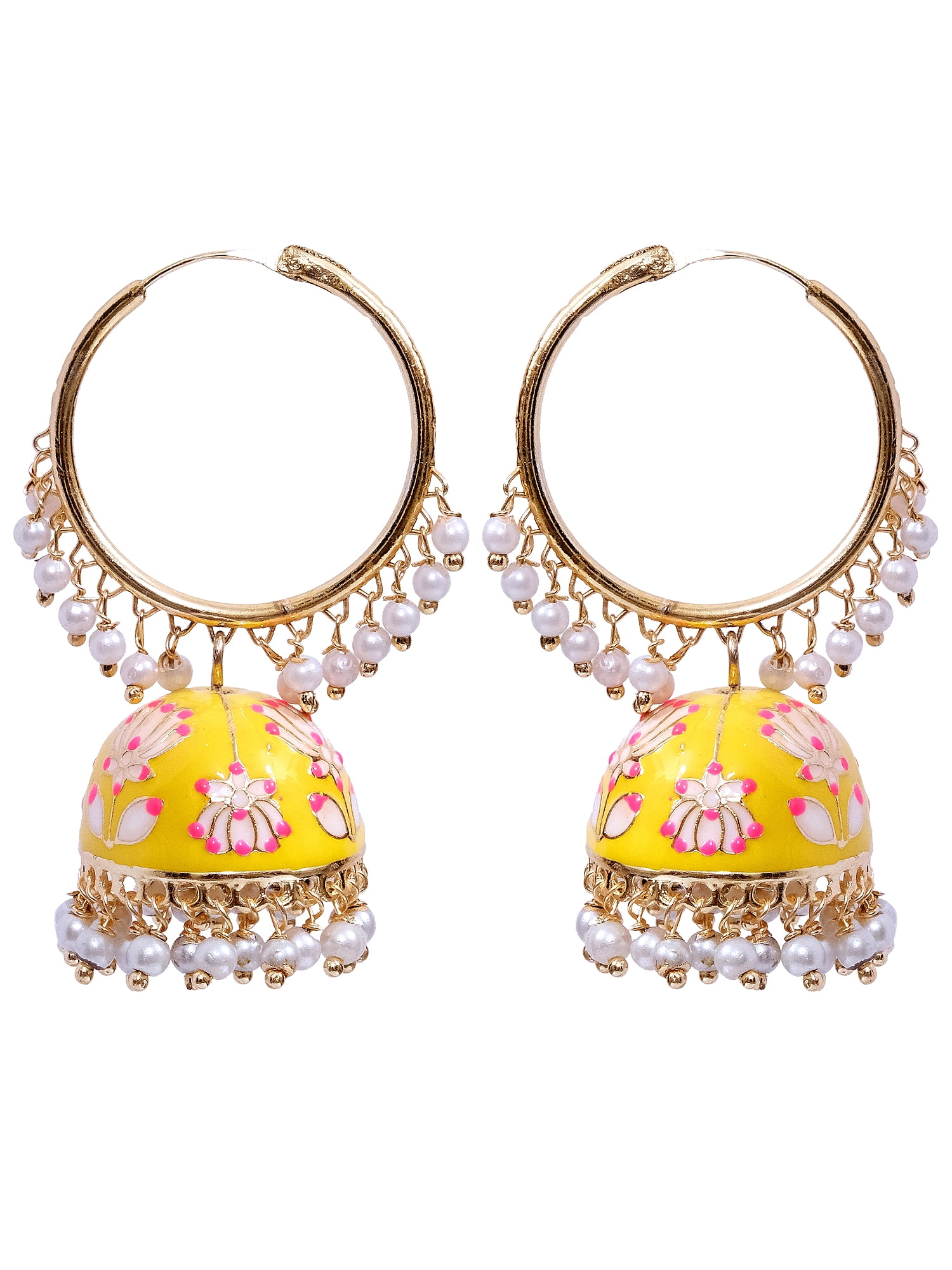 Yellow Meenakari Lotus Jhumka Earring for Wedding | FashionCrab.com