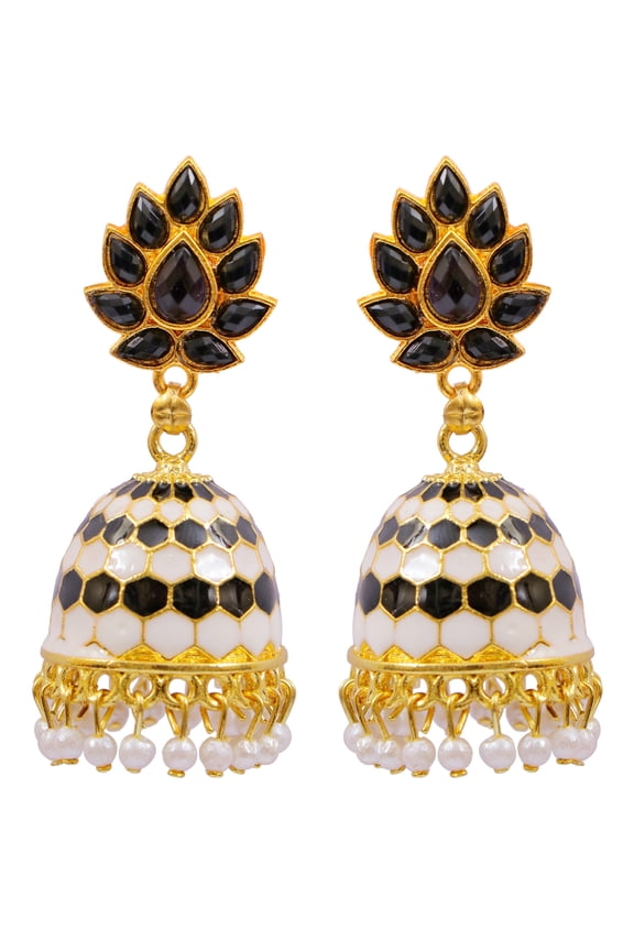 Bollywood Jewellery Traditional Ethnic Bridal Bride Wedding Bridesmaid Gold-plated Black Meenakari Design Jhumka Earrings