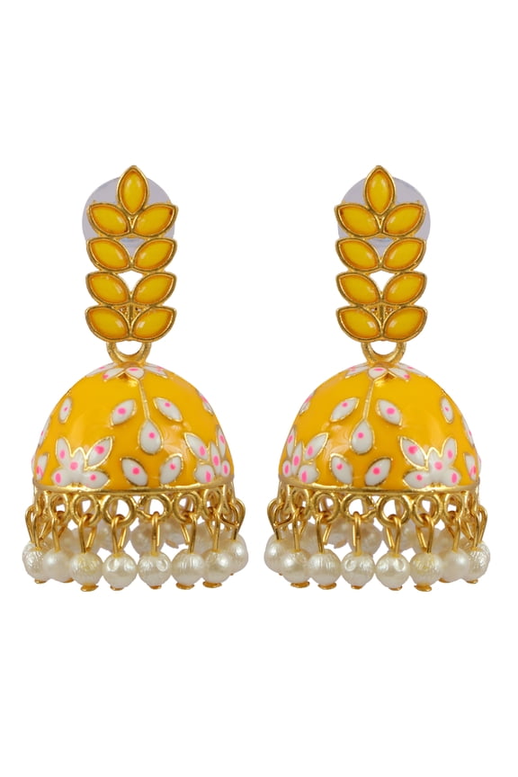 Bollywood Jewellery Traditional Ethnic Bridal Bride Wedding Bridesmaid Gold-plated Leaf Design Precious Yellow Stones Gold Jhumka