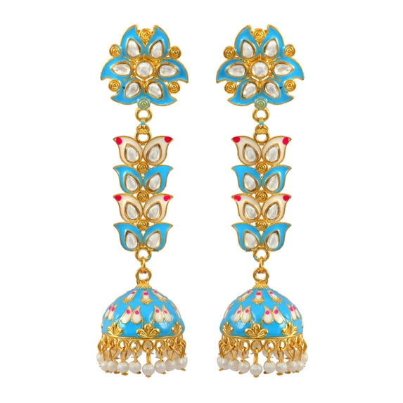 Crunchy Fashion Bollywood Jewellery Traditional Ethnic Bridal Bride Wedding Bridesmaid Gold-plated Meenakari Long Jhumki Sky Blue Earrings