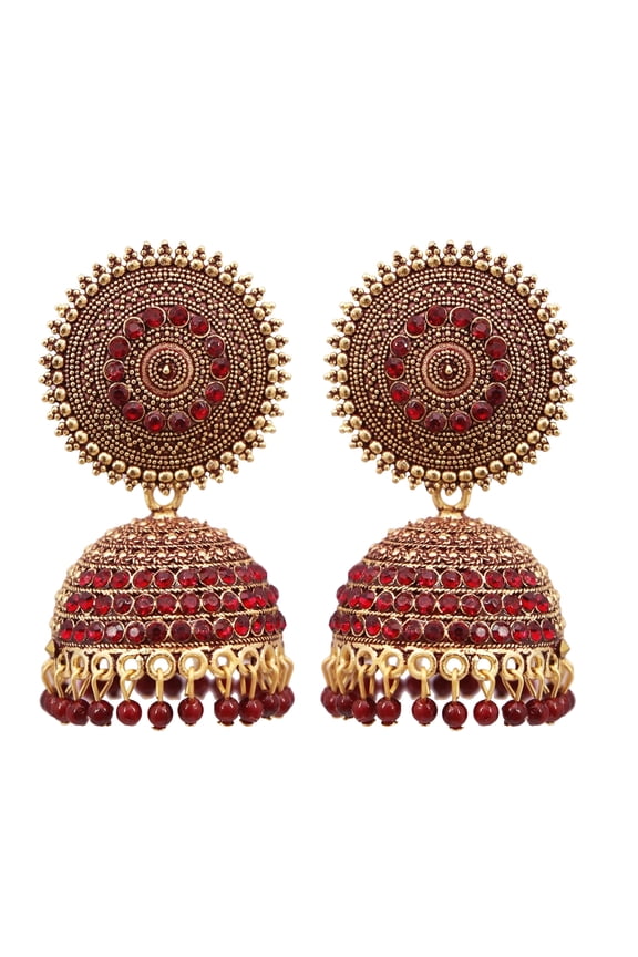 Bollywood Jewellery Traditional Ethnic Bridal Bride Wedding Bridesmaid Oxidised Gold-Plated Handcrafted Maroon Stone Jhumka Earrings