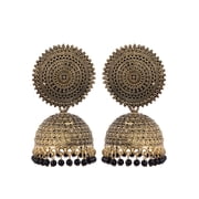 Crunchy Fashion Bollywood Jewellery Traditional Ethnic Bridal Bride Wedding Bridesmaid Oxidised Gold-Plated Round Shape Jhumka Earring with Black Pearls