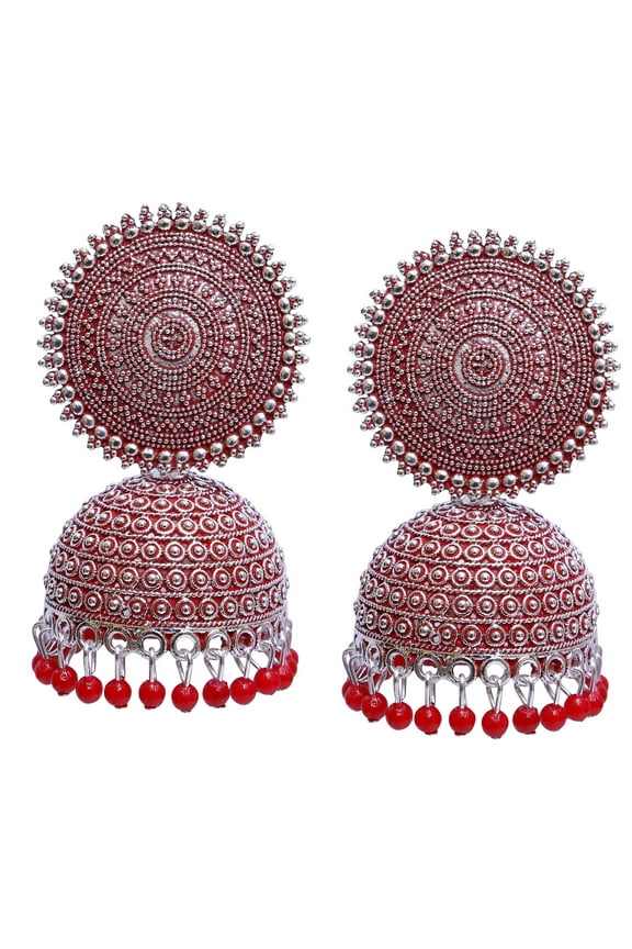 Bollywood Jewellery Traditional Ethnic Bridal Bride Wedding Bridesmaid Oxidised Silver Indian Red Meenakalri Jhumka Jhumki Earrings Jewelry For Women