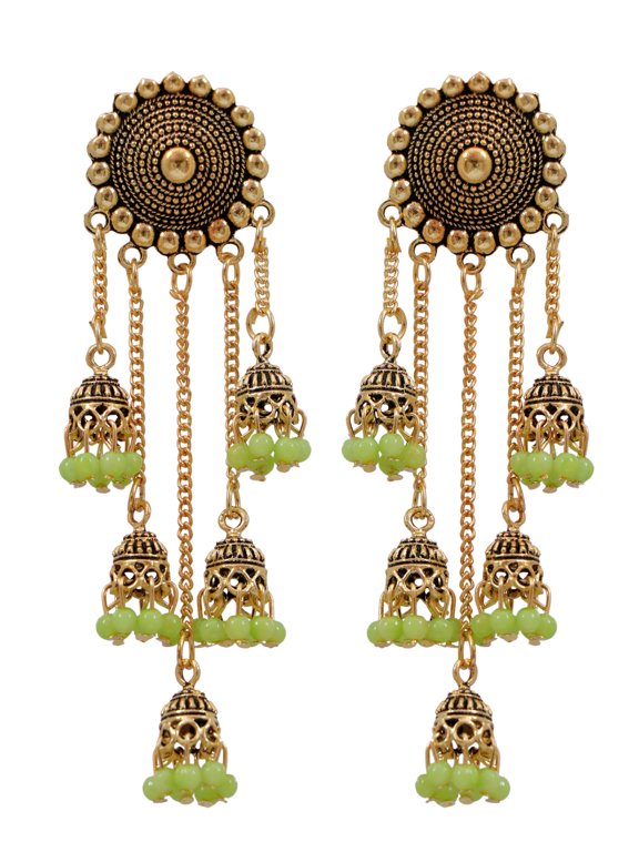 Bollywood Jewellery Traditional Ethnic Bridal Bride Wedding Bridesmaid Retro Big Gold Jhumka With Green Beads Long Chain Tassel Hangers Earrings