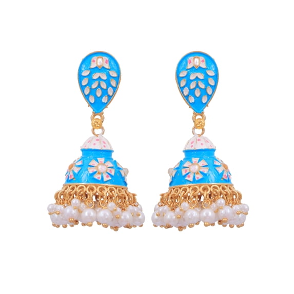 Crunchy Fashion Bollywood Jewellery Traditional Ethnic Bridal Bride Wedding Bridesmaid Traditional Gold-Plated Blue Kundan, Jaipur handpainted Meenakari Jhumka Earrings