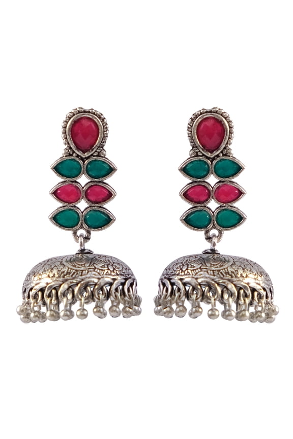 Bollywood Jewellery Traditional Ethnic Bridal Bride Wedding Bridesmaid Traditional Silver Toned Pink Color-stone Jhumka Earrings