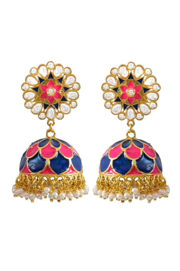 Bollywood Jewelry Traditional Ethnic Bridal Bride Wedding Gold Plated Indian Designer Kundan Studded Meenakari Big Jhumka Jhumki Earrings Set For Women