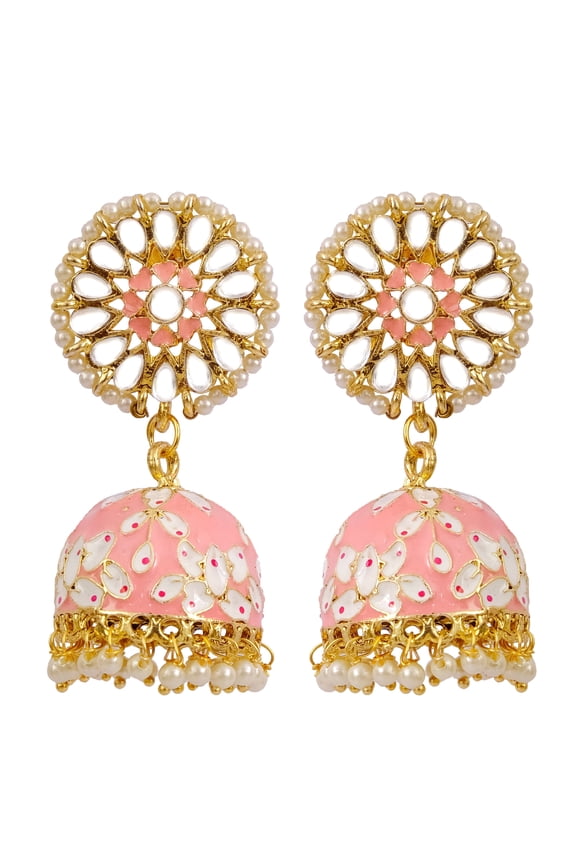 Bollywood Jewelry Traditional Ethnic Bridal Bride Wedding Gold Plated Indian Designer Kundan Studded Pink Floral Meenakari Jhumka Jhumki Earrings For Women