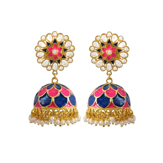Crunchy Fashion Bollywood Jewelry Traditional Ethnic Bridal Bride Wedding Gold Plated Indian Designer Kundan Studded Pink-Royal Blue Meenakari Big Jhumka Jhumki Earrings Set For Women