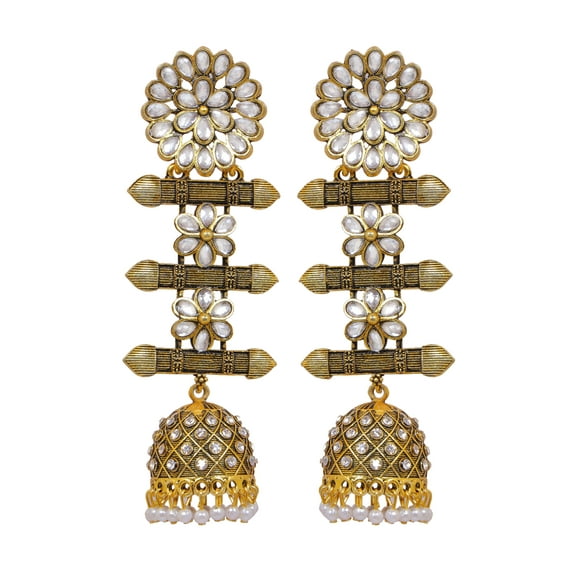 Crunchy Fashion Bollywood Jwellery Traditional Ethnic Wedding Bridesmaid designer Long Gold Plated Triple Step Layered Kundan Jhumka Earring