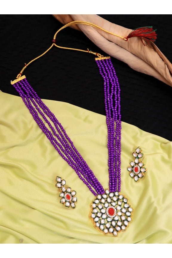 Bollywood Style Traditional Indian Bridal Bride Wedding Bridesmaid Purple Pearl/Kundan Diamond Long Raani Haar Necklace with Earring Jewelry Set for Women
