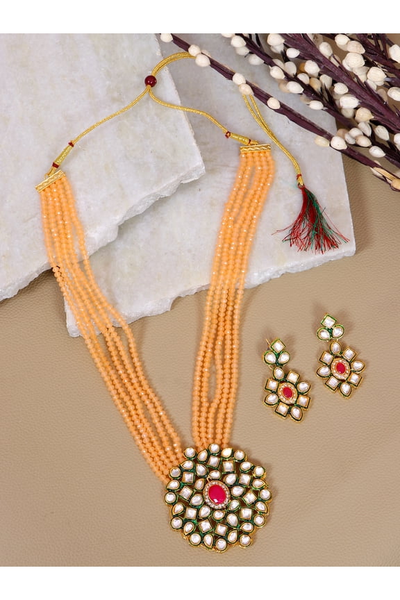 Designer Kundan & Peach Moti Stone Style Necklace & Earrings Set