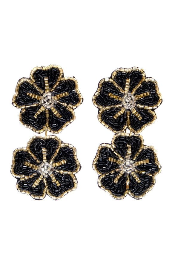Handmade Beaded Flower/Floral Bohemian Statement Black Seed Bead Dangle Summer Earrings- Mother's/christmas Day Gift for Women