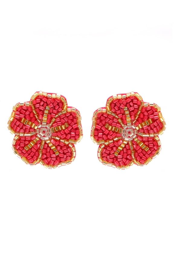 Handmade Beaded Flower/Floral Bohemian Statement Red Seed Bead Stud Summer Earrings Mother's/christmas Day Gift for Women