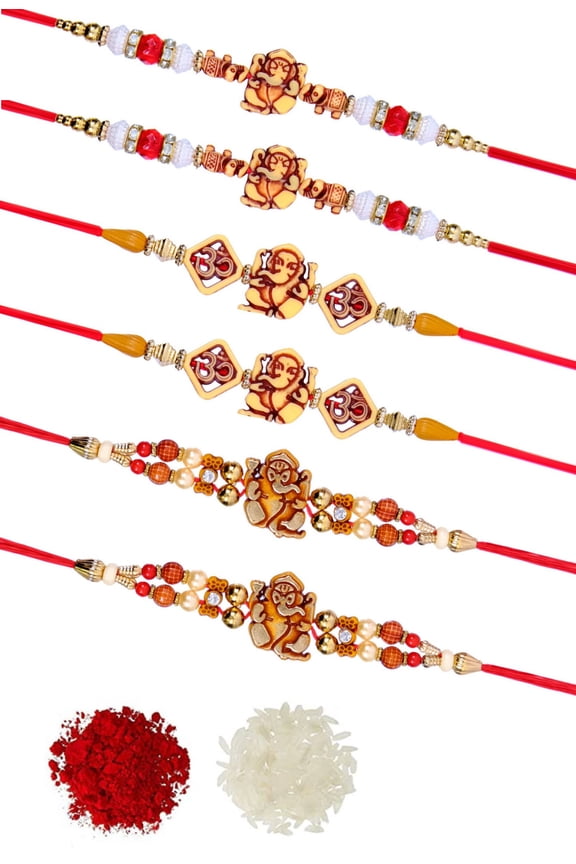 Pack of 6 Rakhi With Roli Chawal Tilak Set Raksha Bandhan Handmade Bracelet for Bhaiya Rakhi Bracelet Combo Set