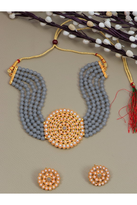 Traditional Gold-Plated Grey Beaded Kundan Choker Jewellery Set