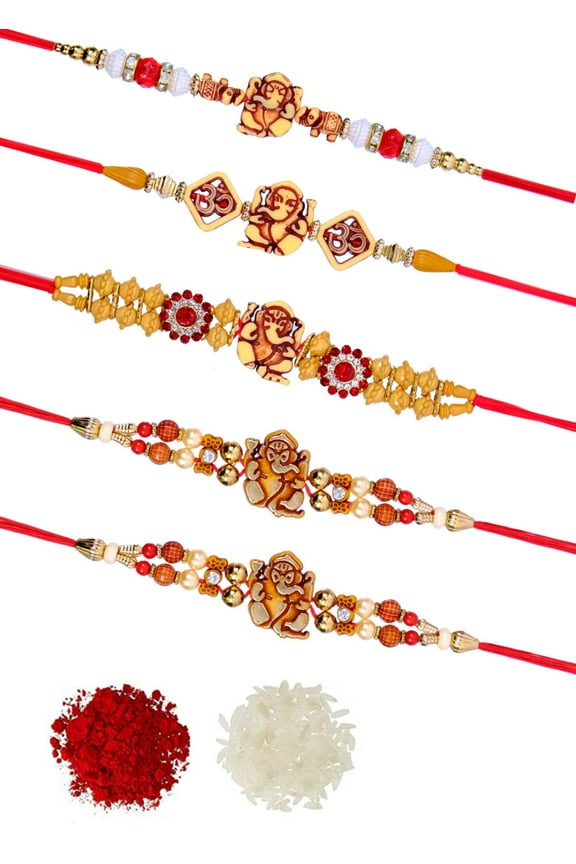 Wooden Ganpati Rakhi Set- Pack of 5 With Roli & Chawal Tilak Raksha Bandhan Handmade For Men's