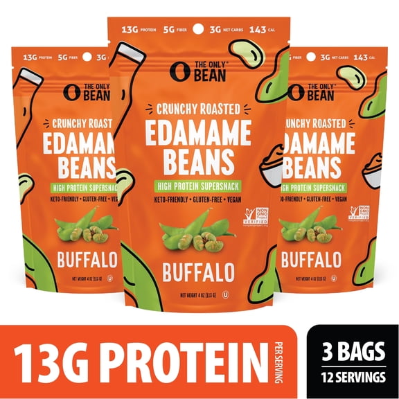 Crunchy Roasted Edamame Beans (Buffalo) - Keto Snacks (3g Net) - High Protein Healthy Snacks (13g Protein) - Low Carb, Gluten-Free Snack, Vegan Keto Food - 4 oz (3 Pack)