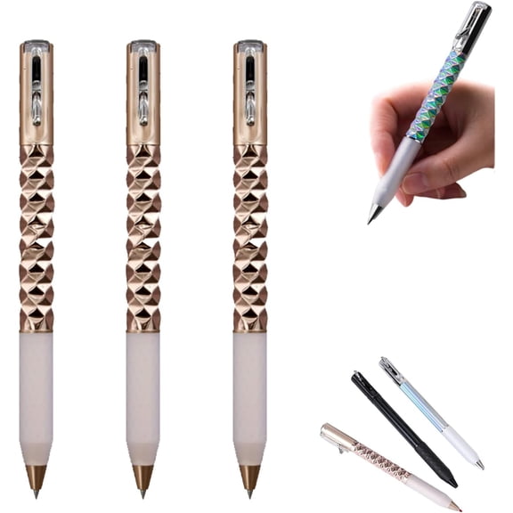 Crunchy Sensory Pen, Geometric Metal Crinkle Pen Fidget, Smooth Writing, Ergonomic Design for Journaling & Office Supplies, Compact Travel-Friendly Ink Pens (Gold, 3PCS)