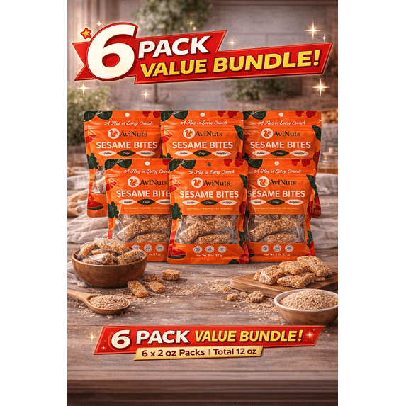 Crunchy Sesame Seed Snack, Lightly Sweet Sesame Crunch Bites, Individually Wrapped Snack Packs, 6 Pack, 2 oz Each (Total 12 oz)