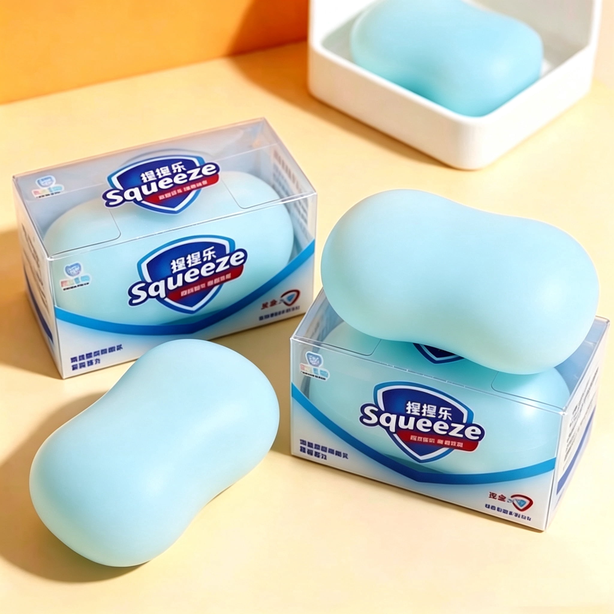 Crunchy Soap Squishy Fidget Toy, Blue Bar Soap Shaped Crispy Squeeze Stress Toy with Clear Display Box, Moldable ASMR Sensory Toy for Kids & Adults, Novelty Bathroom Themed Desk Decor Gift