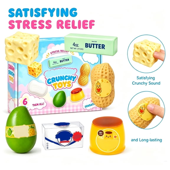 Crunchy Squishy Set 6 Pack, ASMR Squishy Fidget Toys Collection, Featuring Green Mango, Peanut, Pudding, Butter, Cheese, Crunchy Soap, Squishy Fidget Toys, Premium Gift Box For Stress Relief