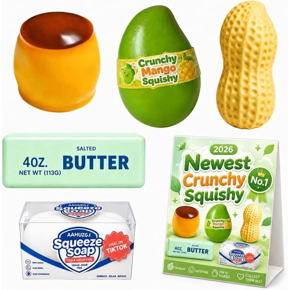 Crunchy Squishy Stress Relief Set, Slow Rising Butter Mango Peanut Soap Pudding Sensory Fidget Toys, Desk Decor Party Favors, 5 Pcs