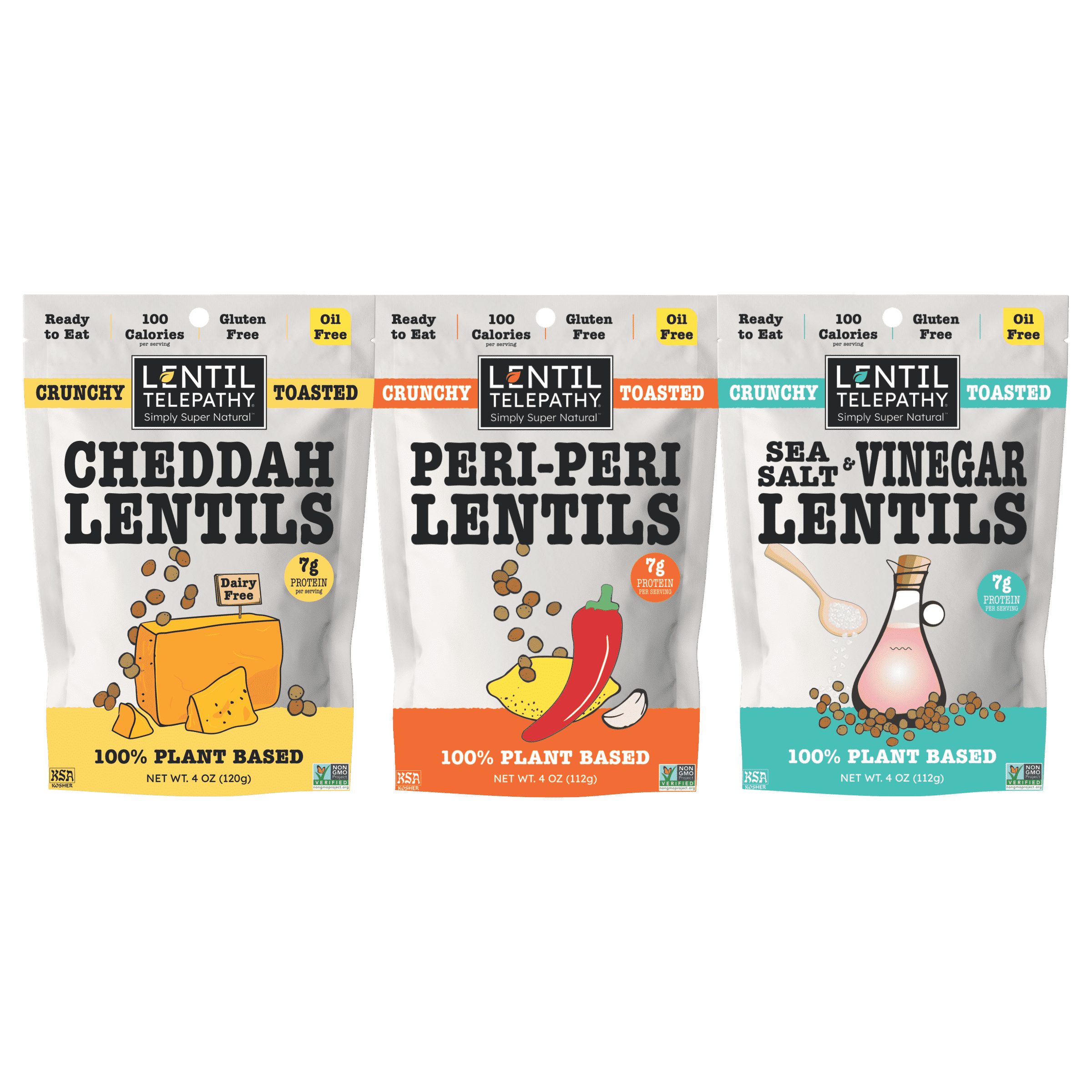 Lentil Telepathy Oil Free Crunchy Toasted Lentil Snack Variety Pack, 4 oz Bags, 3 Pack