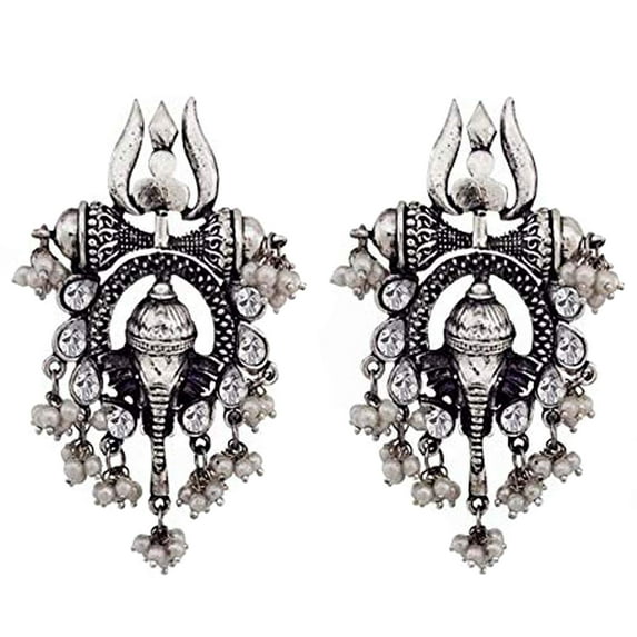 CrunchyFashion Boho Vintage Antique Ethnic Gypsy Tribal Indian Oxidized Silver Jewelry Crystal Studded Long Ganpati/Ganesha Dangle Earrings Set For Women||Gifts for her, wife, Girlfriend