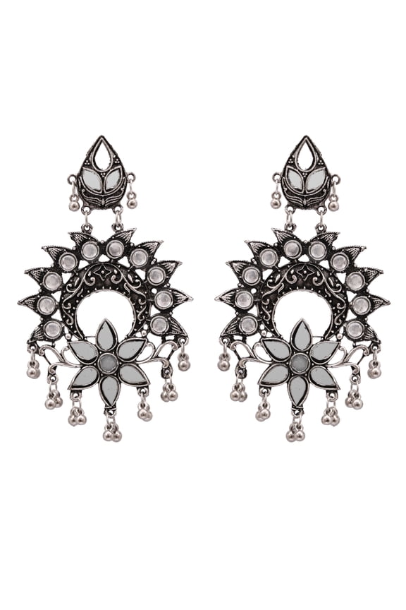 CrunchyFashion Boho Vintage Antique Ethnic Gypsy Tribal Indian Oxidized Silver Jewelry Long Mirror Earrings Set For Women||Gifts for her, wife, Girlfriend