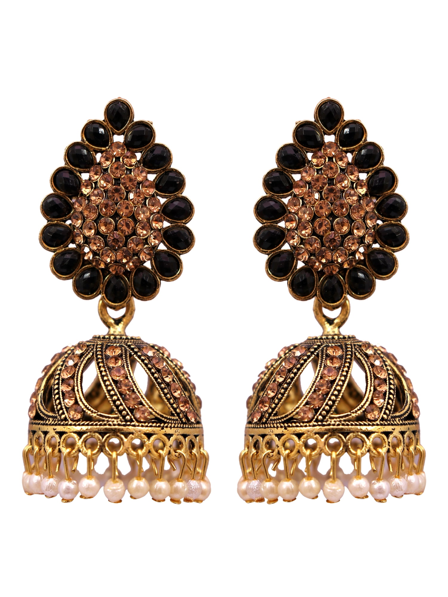 Crunchy Fashion Indian Bridal Jhumka Earrings - Gold Plated Meenakari With Pearls & Crystal - View #11