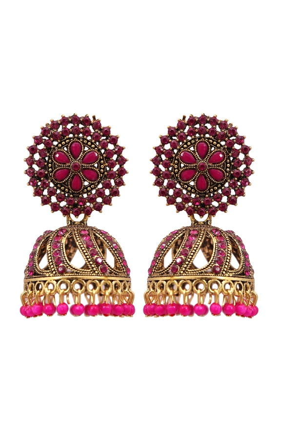 CrunchyFashion Indian Traditional Jewelry- Ethnic Bridal Bride Wedding Bridesmaid Antique Pink Crystal Studded Meenakari Jhumka Jhumki Earrings Set For Women