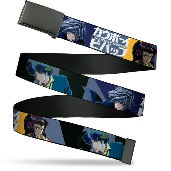 Adjustable Belt, Clamp Buckle, Cut-to-Fit, Cowboy Bebop Spike Vicious and Faye Pose and Logo Blue Yellow